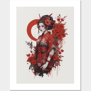 Japanese Geisha Girl in Red Posters and Art